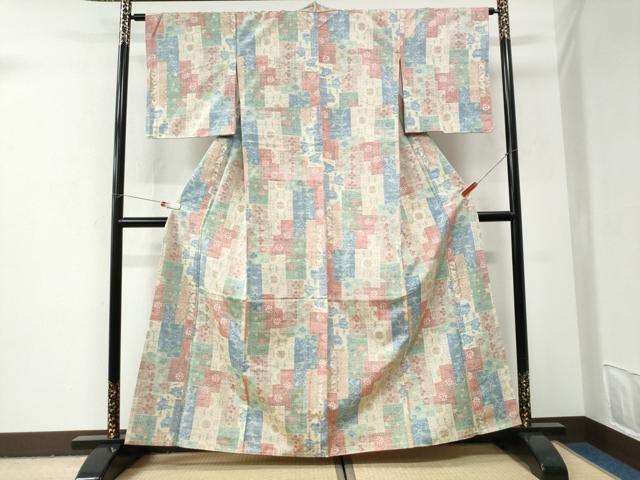 平和屋着物●上質な紬 色紙重ね花唐草文 正絹 逸品 未使用 CABI3005yc
