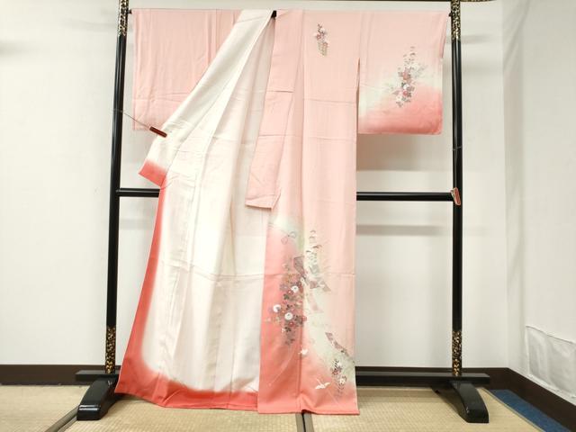 平和屋着物●訪問着 流水飛鶴短冊草花文 暈し染め 金彩 正絹 逸品 CABI3018yc