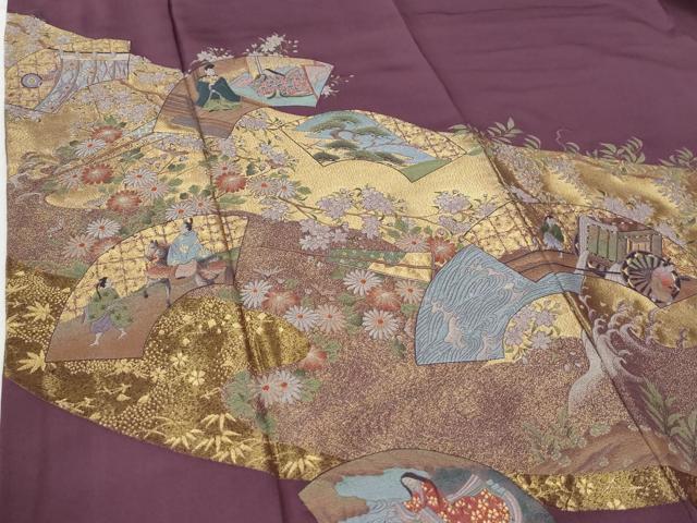 平和屋着物●豪華振袖 寿光織 地紙人物几帳御所車花文 金糸 正絹 逸品 CABI3027yc
