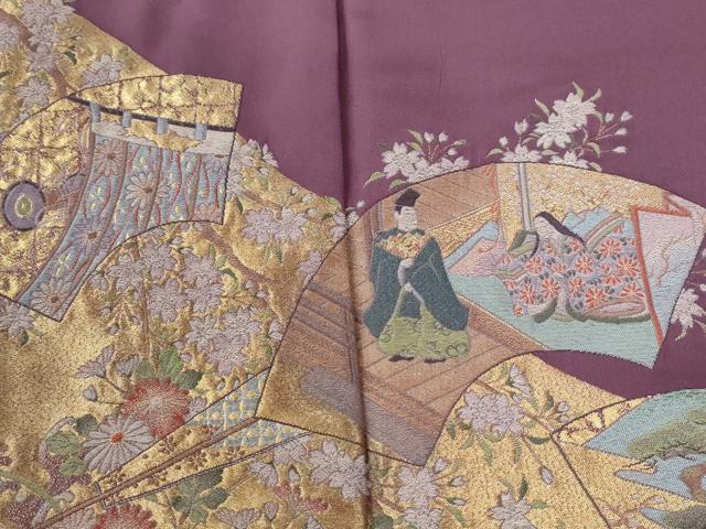平和屋着物●豪華振袖 寿光織 地紙人物几帳御所車花文 金糸 正絹 逸品 CABI3027yc