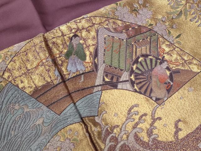 平和屋着物●豪華振袖 寿光織 地紙人物几帳御所車花文 金糸 正絹 逸品 CABI3027yc