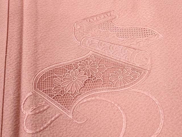 平和屋着物●中国三大刺繍 スワトウ刺繍 総刺繍 無地絵羽訪問着 花絵巻文 珊瑚色 正絹 逸品 未使用 CABI3037yc