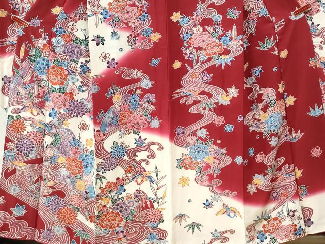 平和屋着物●豪華振袖 型染め 竜田川飛鶴草花文 暈し染め 正絹 逸品 CABI3053yc