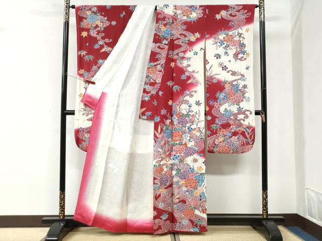 平和屋着物●豪華振袖 型染め 竜田川飛鶴草花文 暈し染め 正絹 逸品 CABI3053yc