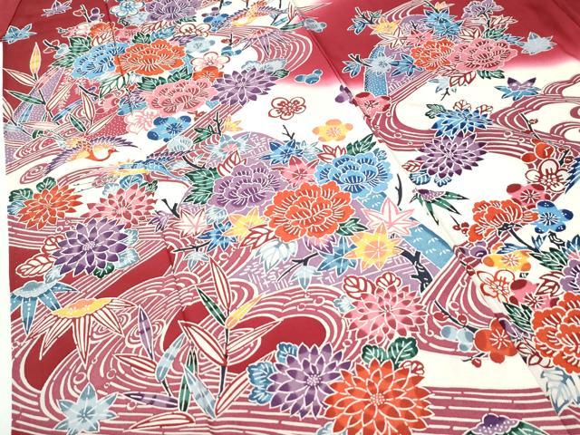 平和屋着物●豪華振袖 型染め 竜田川飛鶴草花文 暈し染め 正絹 逸品 CABI3053yc