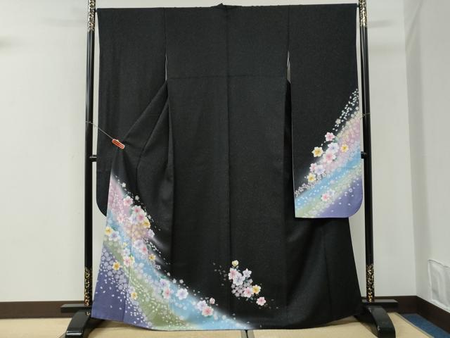 平和屋着物●豪華振袖 舞花文 黒地 銀通し地 正絹 逸品 CABI3072yc