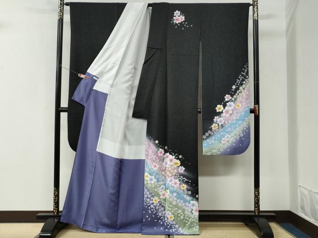 平和屋着物●豪華振袖 舞花文 黒地 銀通し地 正絹 逸品 CABI3072yc
