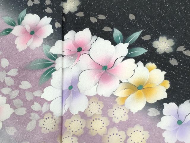平和屋着物●豪華振袖 舞花文 黒地 銀通し地 正絹 逸品 CABI3072yc