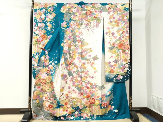 平和屋着物●豪華振袖 駒刺繍 雲取り短冊花文 暈し染め 銀通し地 正絹 逸品 CABI3073yc