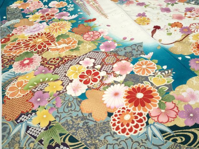 平和屋着物●豪華振袖 駒刺繍 雲取り短冊花文 暈し染め 銀通し地 正絹 逸品 CABI3073yc