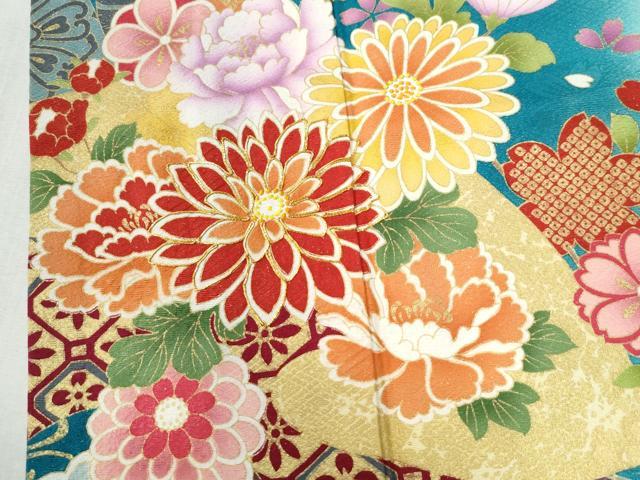 平和屋着物●豪華振袖 駒刺繍 雲取り短冊花文 暈し染め 銀通し地 正絹 逸品 CABI3073yc