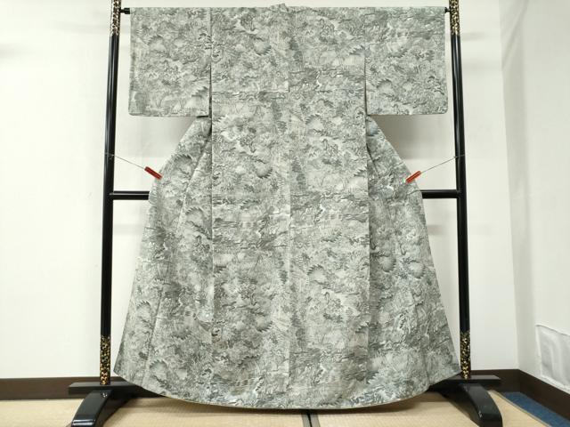 平和屋着物●上質な小紋 紬地 手描き 風景文 正絹 逸品 CABI3075yc