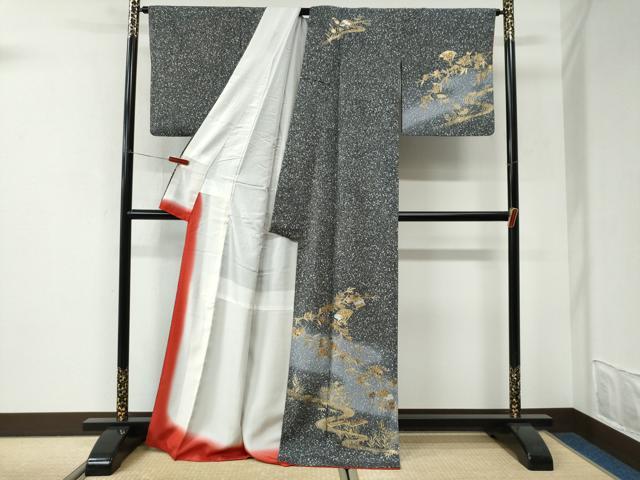 平和屋着物●訪問着 扇面流水枝桜文 暈し染め 黒地 金銀彩 正絹 逸品 CABI3104yc