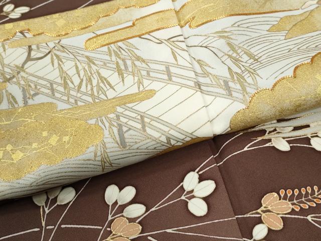 平和屋着物●豪華色留袖 駒刺繍 霞渡り橋枝花文 金彩 正絹 逸品 CABI3114yc