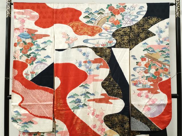 平和屋着物●豪華振袖 駒刺繍 浜松鴛鴦渡り橋風景文 金彩 正絹 逸品 CABI3126yc