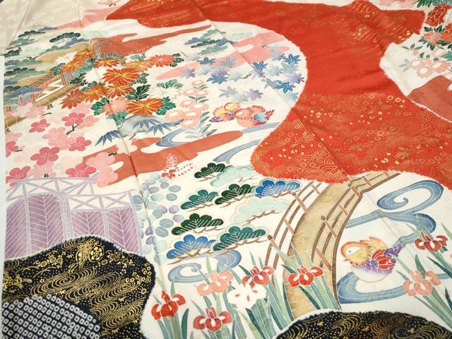 平和屋着物●豪華振袖 駒刺繍 浜松鴛鴦渡り橋風景文 金彩 正絹 逸品 CABI3126yc