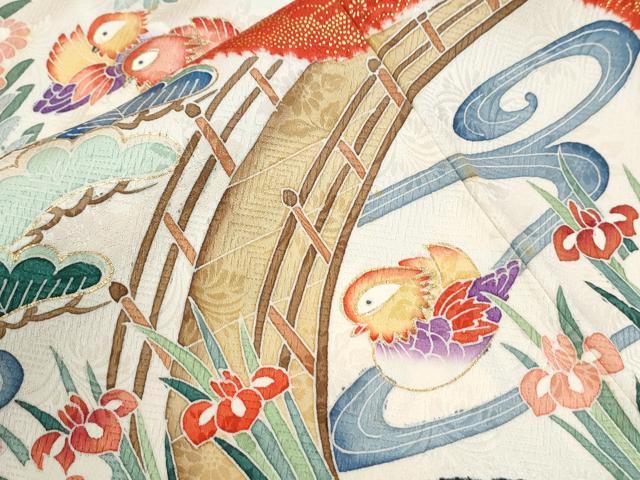 平和屋着物●豪華振袖 駒刺繍 浜松鴛鴦渡り橋風景文 金彩 正絹 逸品 CABI3126yc