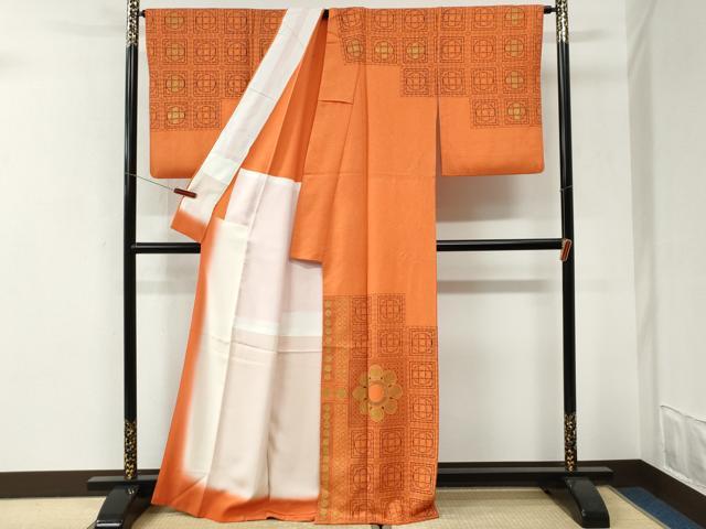 平和屋着物●訪問着 背抜き仕立て 幾何学花文 金通し地 正絹 逸品 CABI3127yc