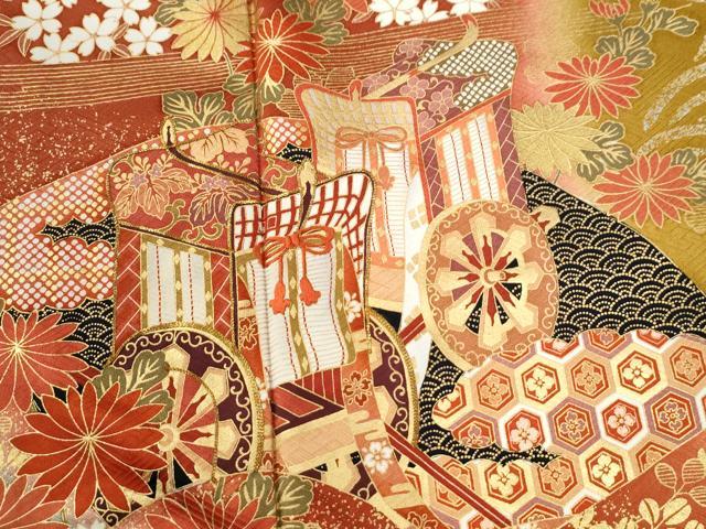 平和屋着物●豪華振袖 駒刺繍 御所車流水地紙鼓草花文 暈し染め 金彩 正絹 逸品 CABI3135yc