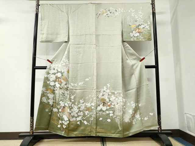 平和屋着物●訪問着 流水地紙御所車松竹梅花文 暈し染め 金彩 正絹 逸品 CABI3153yc