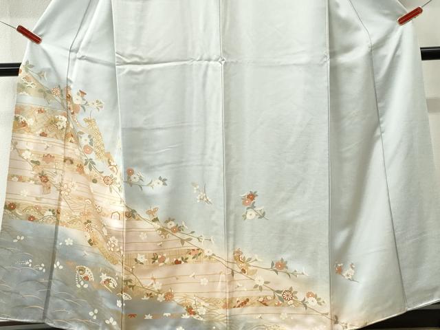 平和屋着物●訪問着 短冊立波檜扇花蝶文 暈し染め 金彩 正絹 逸品 CABI3155yc