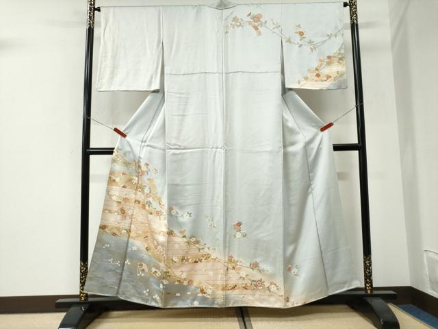 平和屋着物●訪問着 短冊立波檜扇花蝶文 暈し染め 金彩 正絹 逸品 CABI3155yc