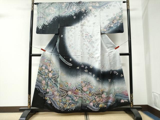 平和屋着物●訪問着 辻が花 絞り 黒地 金彩 正絹 逸品 CABI3156yc