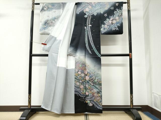 平和屋着物●訪問着 辻が花 絞り 黒地 金彩 正絹 逸品 CABI3156yc