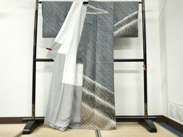 平和屋着物●訪問着 総絞り 刺繍 檜垣吉祥花文 暈し染め 黒地 金彩 正絹 逸品 未使用 CABI3163yc