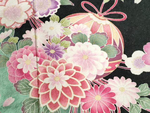 平和屋着物●豪華振袖 毬舞花文 暈し染め 黒地 金通し地 正絹 逸品 CABI3167yc