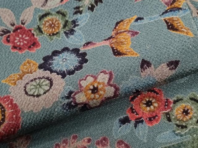 平和屋着物●上質な小紋 飛鶴草花文 鬼しぼ縮緬 正絹 逸品 CABI3173yc