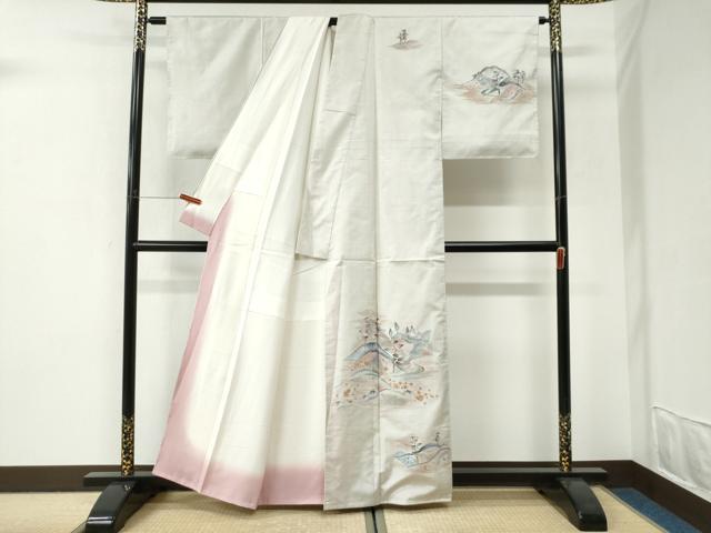 平和屋着物●訪問着 本場大島紬 白大島 一元絣 霞遠山樹林文 ラメ糸 正絹 逸品 未使用 CABI3175yc