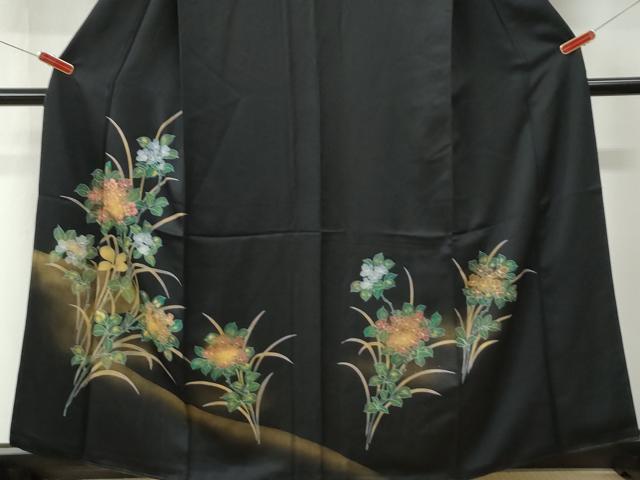 平和屋着物●訪問着 刺繍 草花文 暈し染め 黒地 金彩 正絹 逸品 CABI3183yc