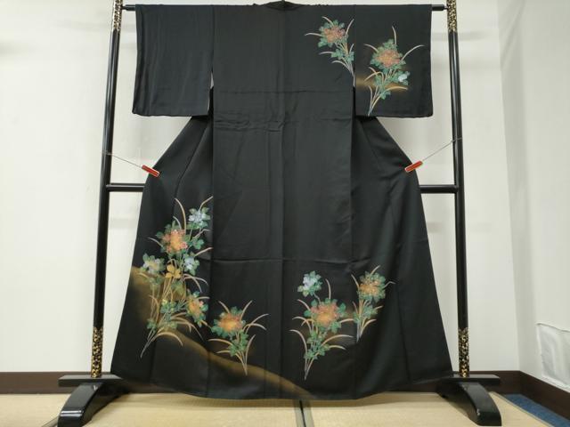平和屋着物●訪問着 刺繍 草花文 暈し染め 黒地 金彩 正絹 逸品 CABI3183yc