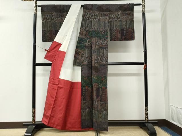 平和屋着物●訪問着 小千谷紬 横段更紗花文 正絹 逸品 CABI3190yc