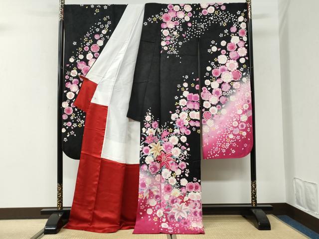 平和屋着物●豪華振袖 刺繍 百合草花文 ラメ糸 暈し染め 黒地 正絹 逸品 CABI3197yc