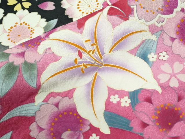 平和屋着物●豪華振袖 刺繍 百合草花文 ラメ糸 暈し染め 黒地 正絹 逸品 CABI3197yc