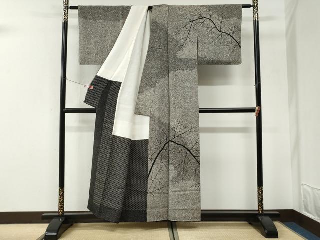 平和屋着物●二代目 川村久太郎 訪問着 枝木文 たたき染め 黒地 正絹 逸品 未使用 CABI3199yc