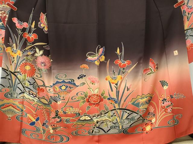 平和屋着物●手ざし京紅型染・宮崎紅型 宮崎良次 振袖 流水扇面葵花蝶文 暈し染め 正絹 逸品 CABI3209yc