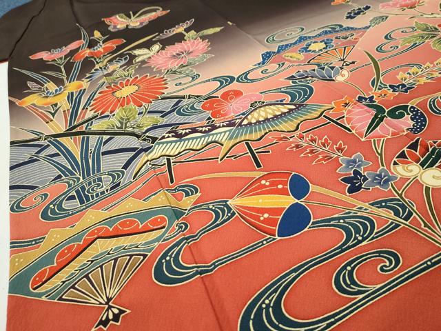 平和屋着物●手ざし京紅型染・宮崎紅型 宮崎良次 振袖 流水扇面葵花蝶文 暈し染め 正絹 逸品 CABI3209yc