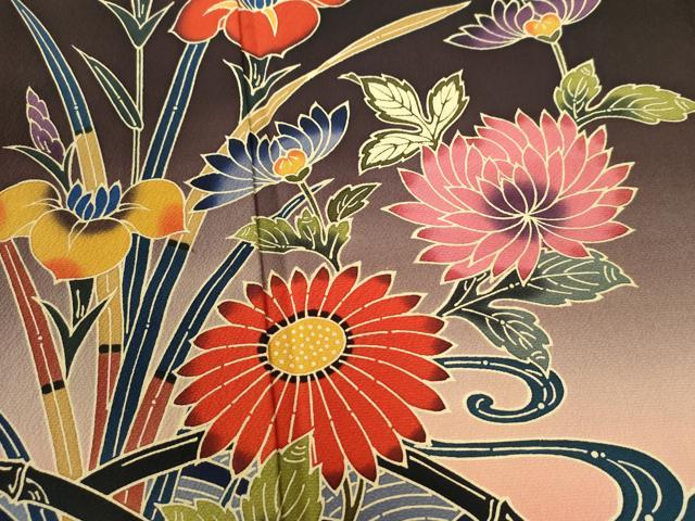 平和屋着物●手ざし京紅型染・宮崎紅型 宮崎良次 振袖 流水扇面葵花蝶文 暈し染め 正絹 逸品 CABI3209yc