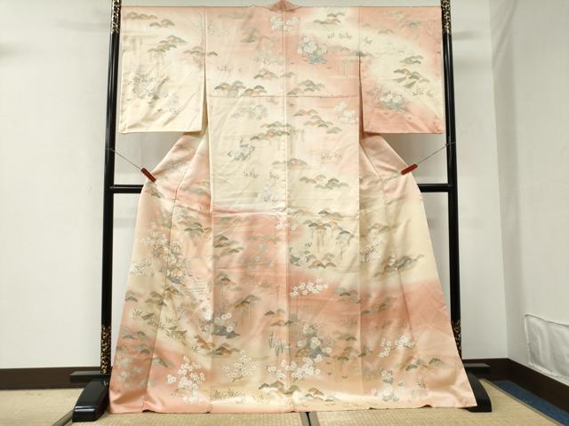 平和屋着物●訪問着 駒刺繍 浜松舟籬草花文 暈し染め 金彩 ロング丈 正絹 逸品 CABI3218yc