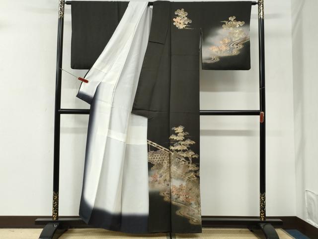 平和屋着物●訪問着 浜松草花文 暈し染め 黒地 金彩 正絹 逸品 CABI3253yc