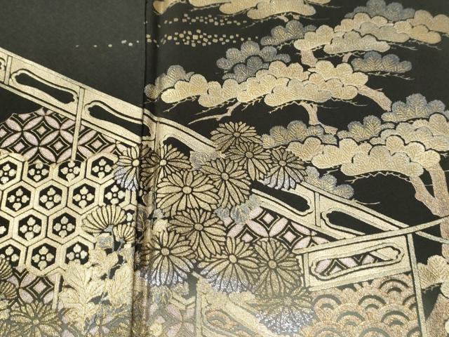 平和屋着物●訪問着 浜松草花文 暈し染め 黒地 金彩 正絹 逸品 CABI3253yc