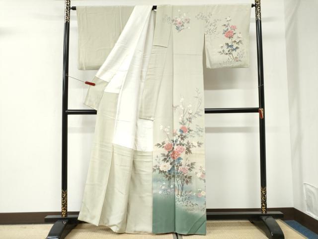 平和屋着物●十日町友禅作家 松雨 訪問着 牡丹花鳥文 暈し染め 金彩 正絹 逸品 CABI3257yc