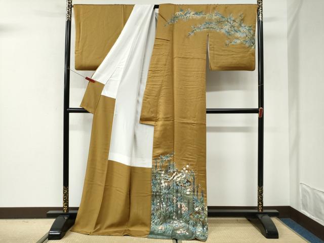 平和屋着物●越後十日町の一流染匠 桐屋・翠山工房 徳永憲峯 訪問着 竹並び地紙飛鶴草花文 暈し染め 金彩 ロング丈 正絹 逸品 CABI3269yc