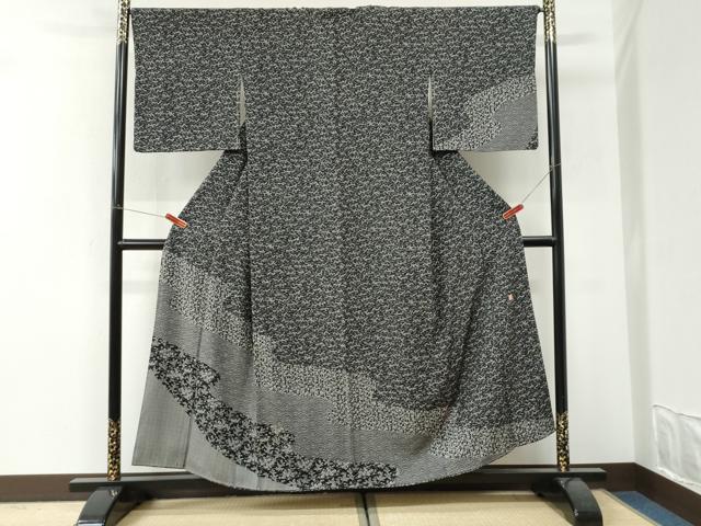 平和屋着物●小紋柄 鈴木秋治 訪問着 江戸小紋 吉祥草花文 黒地 正絹 逸品 CABI3274yc