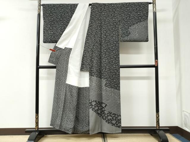 平和屋着物●小紋柄 鈴木秋治 訪問着 江戸小紋 吉祥草花文 黒地 正絹 逸品 CABI3274yc