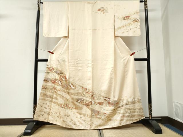 平和屋着物●訪問着 駒刺繍 扇面枝花文 金彩 正絹 逸品 CABI3279yc