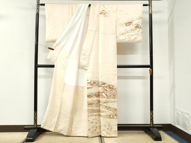 平和屋着物●訪問着 駒刺繍 扇面枝花文 金彩 正絹 逸品 CABI3279yc